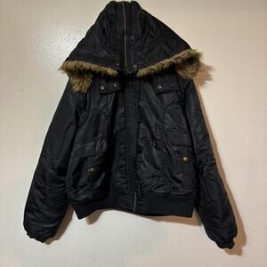 Y2K Women’s Neva Black Puffer Jacket W/Faux Fur Hood Size XL